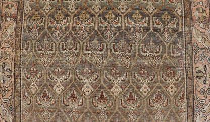 Kurdish Antique Gallery Runner with All - Over Tribal Design in Brown's and Pink. Keivan Woven Arts / rug EMB - 9609 - P13863, country of origin / type: Iran / Kurdish, circa 1920. This Kurdish antique gallery runner has held timeless charm with a double - ... - Keivan Woven ArtsEMB - 9609 - P13863 - 15923Rug
