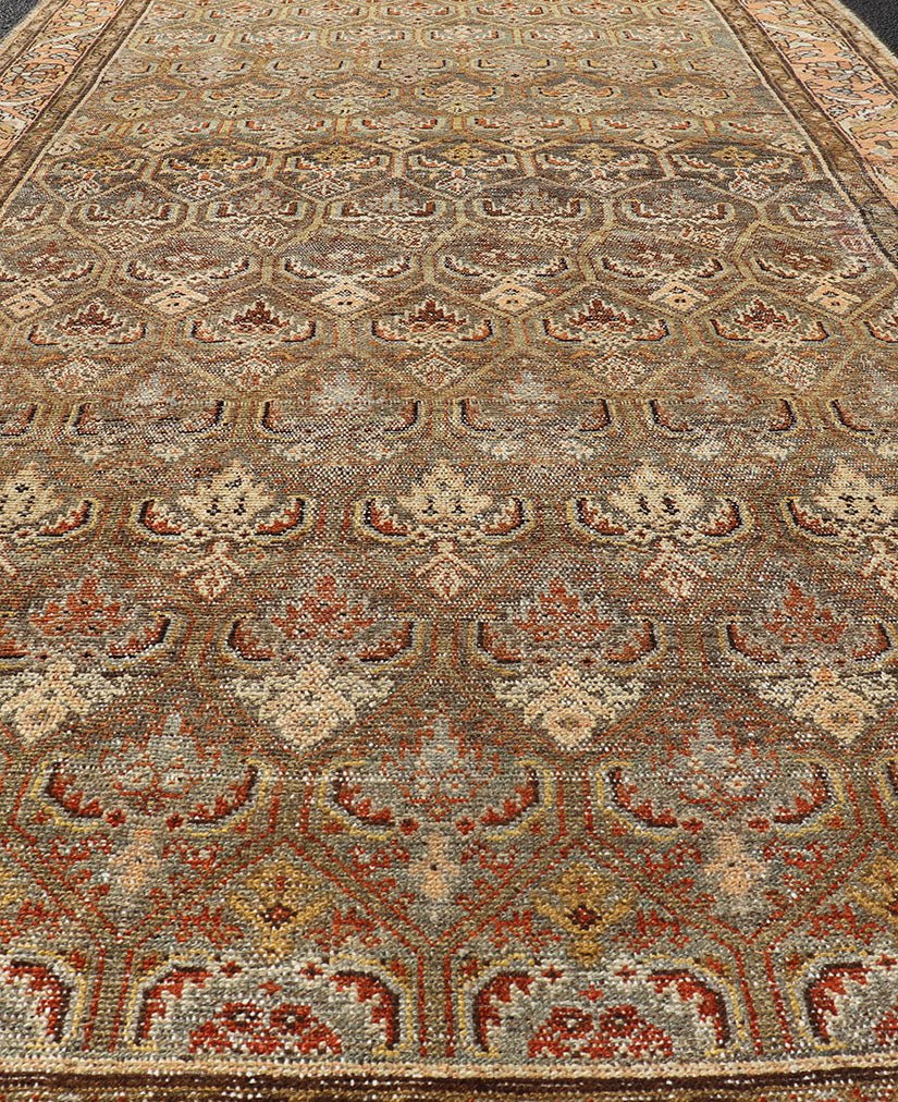 Kurdish Antique Gallery Runner with All - Over Tribal Design in Brown's and Pink. Keivan Woven Arts / rug EMB - 9609 - P13863, country of origin / type: Iran / Kurdish, circa 1920. This Kurdish antique gallery runner has held timeless charm with a double - ... - Keivan Woven ArtsEMB - 9609 - P13863 - 15923Rug