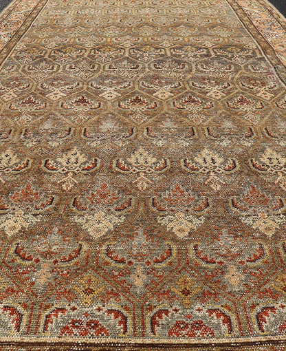 Kurdish Antique Gallery Runner with All - Over Tribal Design in Brown's and Pink. Keivan Woven Arts / rug EMB - 9609 - P13863, country of origin / type: Iran / Kurdish, circa 1920. This Kurdish antique gallery runner has held timeless charm with a double - ... - Keivan Woven ArtsEMB - 9609 - P13863 - 15923Rug