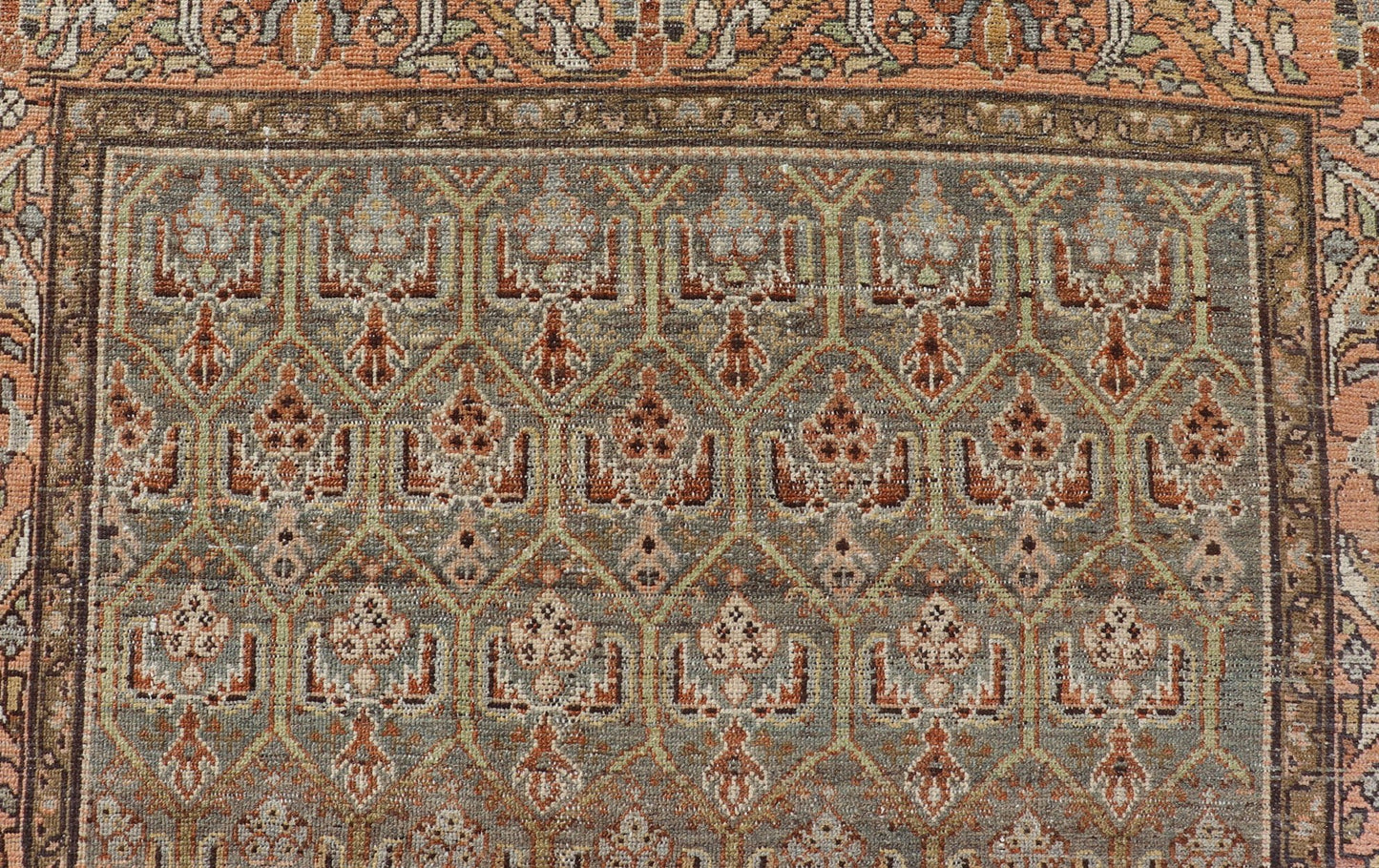 Kurdish Antique Gallery Runner with All - Over Tribal Design in Brown's and Pink. Keivan Woven Arts / rug EMB - 9609 - P13863, country of origin / type: Iran / Kurdish, circa 1920. This Kurdish antique gallery runner has held timeless charm with a double - ... - Keivan Woven ArtsEMB - 9609 - P13863 - 15923Rug