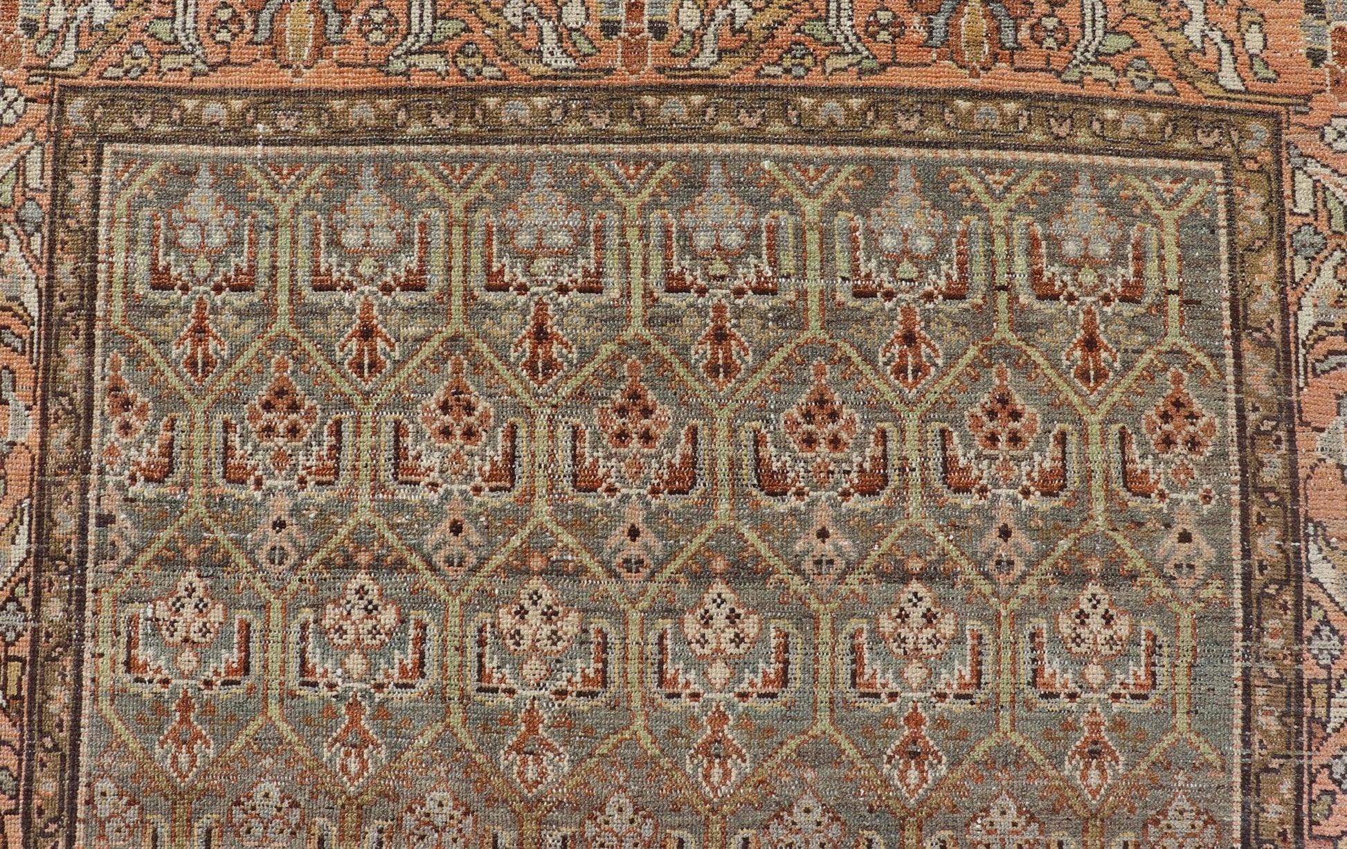 Kurdish Antique Gallery Runner with All - Over Tribal Design in Brown's and Pink. Keivan Woven Arts / rug EMB - 9609 - P13863, country of origin / type: Iran / Kurdish, circa 1920. This Kurdish antique gallery runner has held timeless charm with a double - ... - Keivan Woven ArtsEMB - 9609 - P13863 - 15923Rug