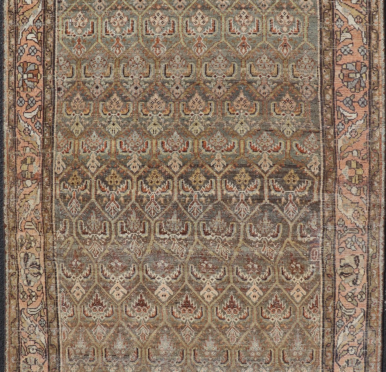 Kurdish Antique Gallery Runner with All - Over Tribal Design in Brown's and Pink. Keivan Woven Arts / rug EMB - 9609 - P13863, country of origin / type: Iran / Kurdish, circa 1920. This Kurdish antique gallery runner has held timeless charm with a double - ... - Keivan Woven ArtsEMB - 9609 - P13863 - 15923Rug