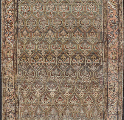 Kurdish Antique Gallery Runner with All - Over Tribal Design in Brown's and Pink. Keivan Woven Arts / rug EMB - 9609 - P13863, country of origin / type: Iran / Kurdish, circa 1920. This Kurdish antique gallery runner has held timeless charm with a double - ... - Keivan Woven ArtsEMB - 9609 - P13863 - 15923Rug