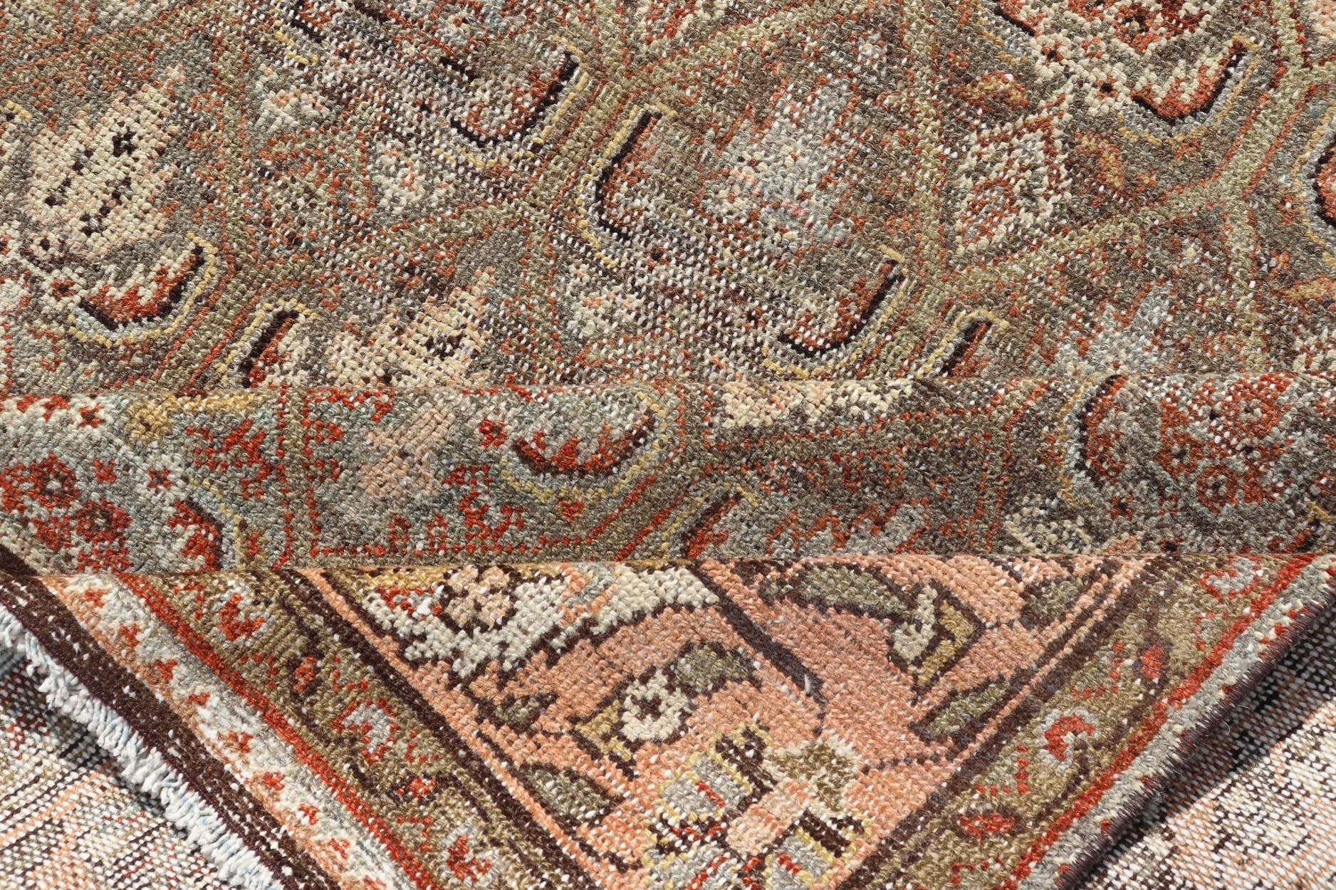 Kurdish Antique Gallery Runner with All - Over Tribal Design in Brown's and Pink. Keivan Woven Arts / rug EMB - 9609 - P13863, country of origin / type: Iran / Kurdish, circa 1920. This Kurdish antique gallery runner has held timeless charm with a double - ... - Keivan Woven ArtsEMB - 9609 - P13863 - 15923Rug