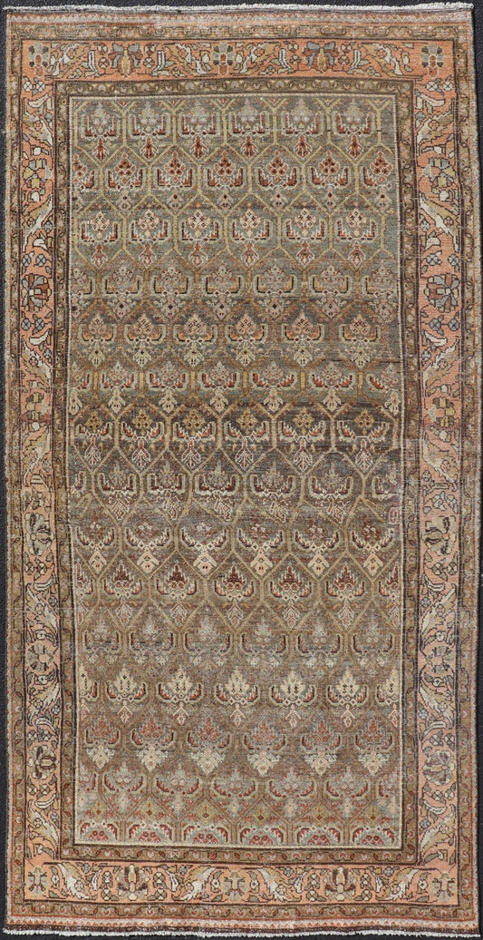 Kurdish Antique Gallery Runner with All - Over Tribal Design in Brown's and Pink. Keivan Woven Arts / rug EMB - 9609 - P13863, country of origin / type: Iran / Kurdish, circa 1920. This Kurdish antique gallery runner has held timeless charm with a double - ... - Keivan Woven ArtsEMB - 9609 - P13863 - 15923