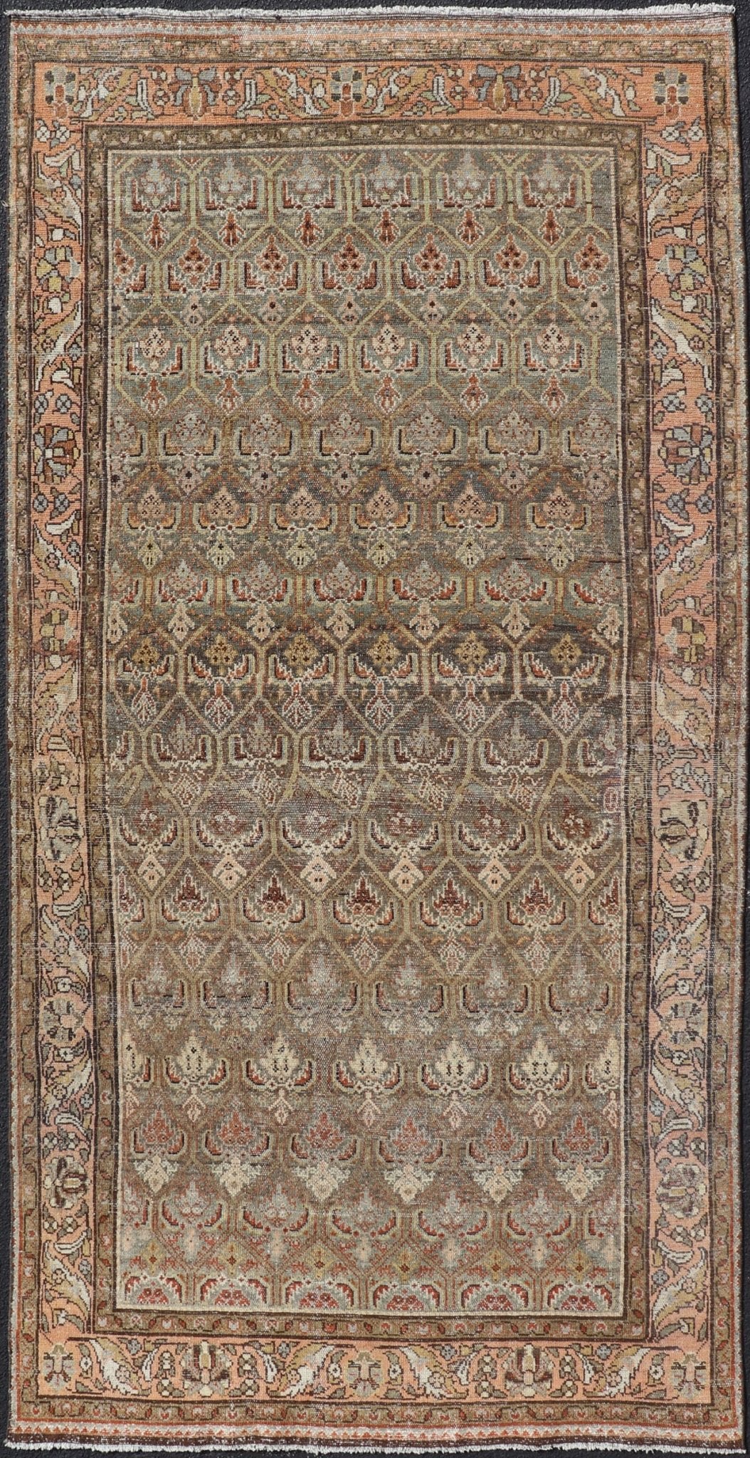 Kurdish Antique Gallery Runner with All - Over Tribal Design in Brown's and Pink. Keivan Woven Arts / rug EMB - 9609 - P13863, country of origin / type: Iran / Kurdish, circa 1920. This Kurdish antique gallery runner has held timeless charm with a double - ... - Keivan Woven ArtsEMB - 9609 - P13863 - 15923Rug