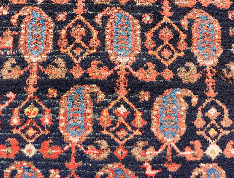 Long Antique Persian Hamadan Runner with All - Over Sub - Geometric Design Measures: 3'3 x 15'2. This 1920's Persian Hamadan runner features vivid shades of navy, blue, red - orange, green and small accents and ivory. The field design is a uniq... - Keivan Woven ArtsEMB - 9612 - P13871 - 15935Rug