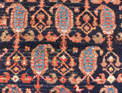 Long Antique Persian Hamadan Runner with All - Over Sub - Geometric Design Measures: 3'3 x 15'2. This 1920's Persian Hamadan runner features vivid shades of navy, blue, red - orange, green and small accents and ivory. The field design is a uniq... - Keivan Woven ArtsEMB - 9612 - P13871 - 15935Rug