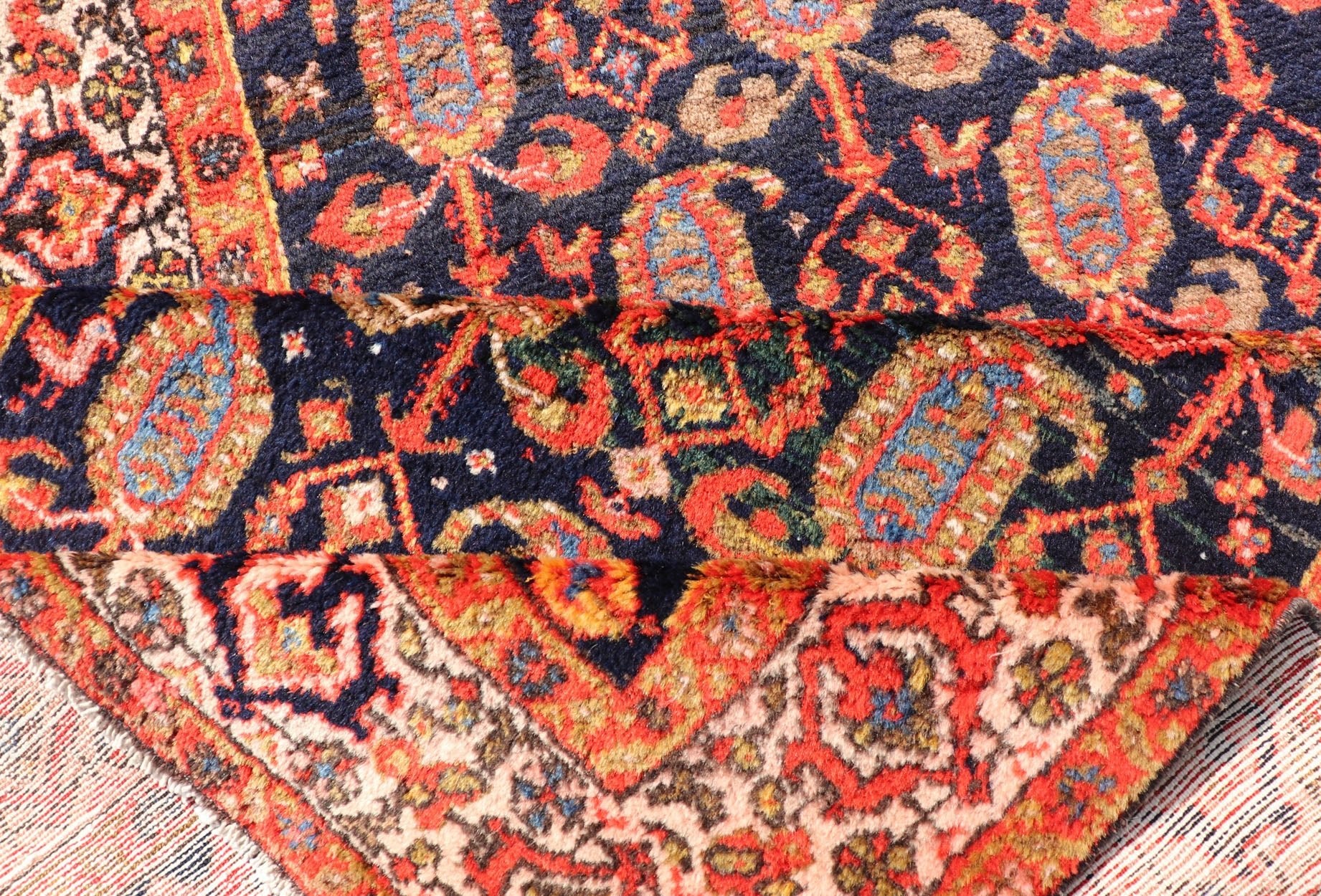 Long Antique Persian Hamadan Runner with All - Over Sub - Geometric Design Measures: 3'3 x 15'2. This 1920's Persian Hamadan runner features vivid shades of navy, blue, red - orange, green and small accents and ivory. The field design is a uniq... - Keivan Woven ArtsEMB - 9612 - P13871 - 15935Rug