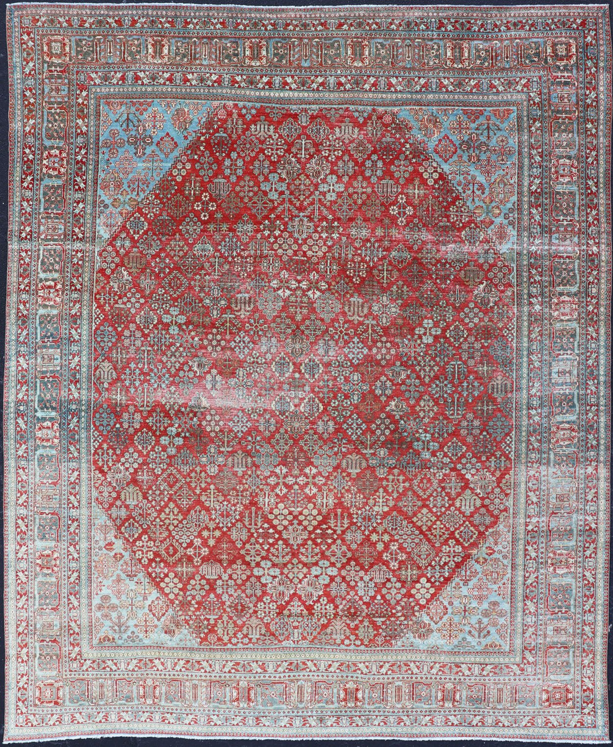 Antique Persian Joshegan Rug with Geometric Medallion Design in Red and Lt. Blue. Antique Persian Joshegan rug with geometric medallion design in red and light blue, rug EMB - 9613 - P13524, country of origin / type: Iran / Joshegan, circa 1930 ... - Keivan Woven ArtsEMB - 9613 - P13524 - 15941Rug