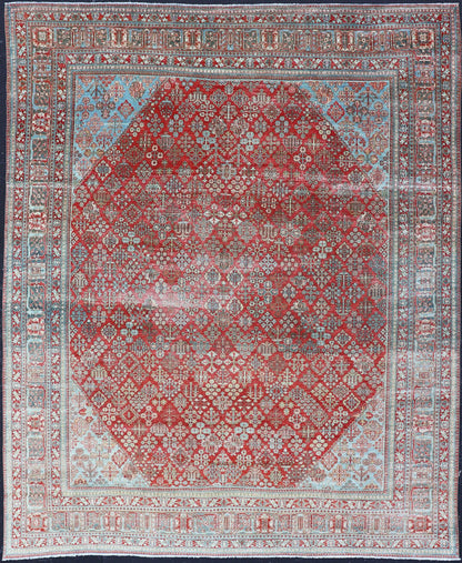 Antique Persian Joshegan Rug with Geometric Medallion Design in Red and Lt. Blue. Antique Persian Joshegan rug with geometric medallion design in red and light blue, rug EMB - 9613 - P13524, country of origin / type: Iran / Joshegan, circa 1930 ... - Keivan Woven ArtsEMB - 9613 - P13524 - 15941Rug