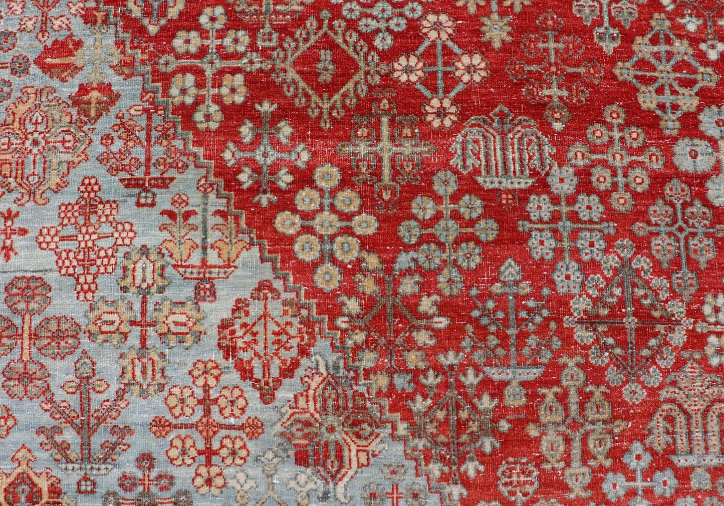 Antique Persian Joshegan Rug with Geometric Medallion Design in Red and Lt. Blue. Antique Persian Joshegan rug with geometric medallion design in red and light blue, rug EMB - 9613 - P13524, country of origin / type: Iran / Joshegan, circa 1930 ... - Keivan Woven ArtsEMB - 9613 - P13524 - 15941Rug