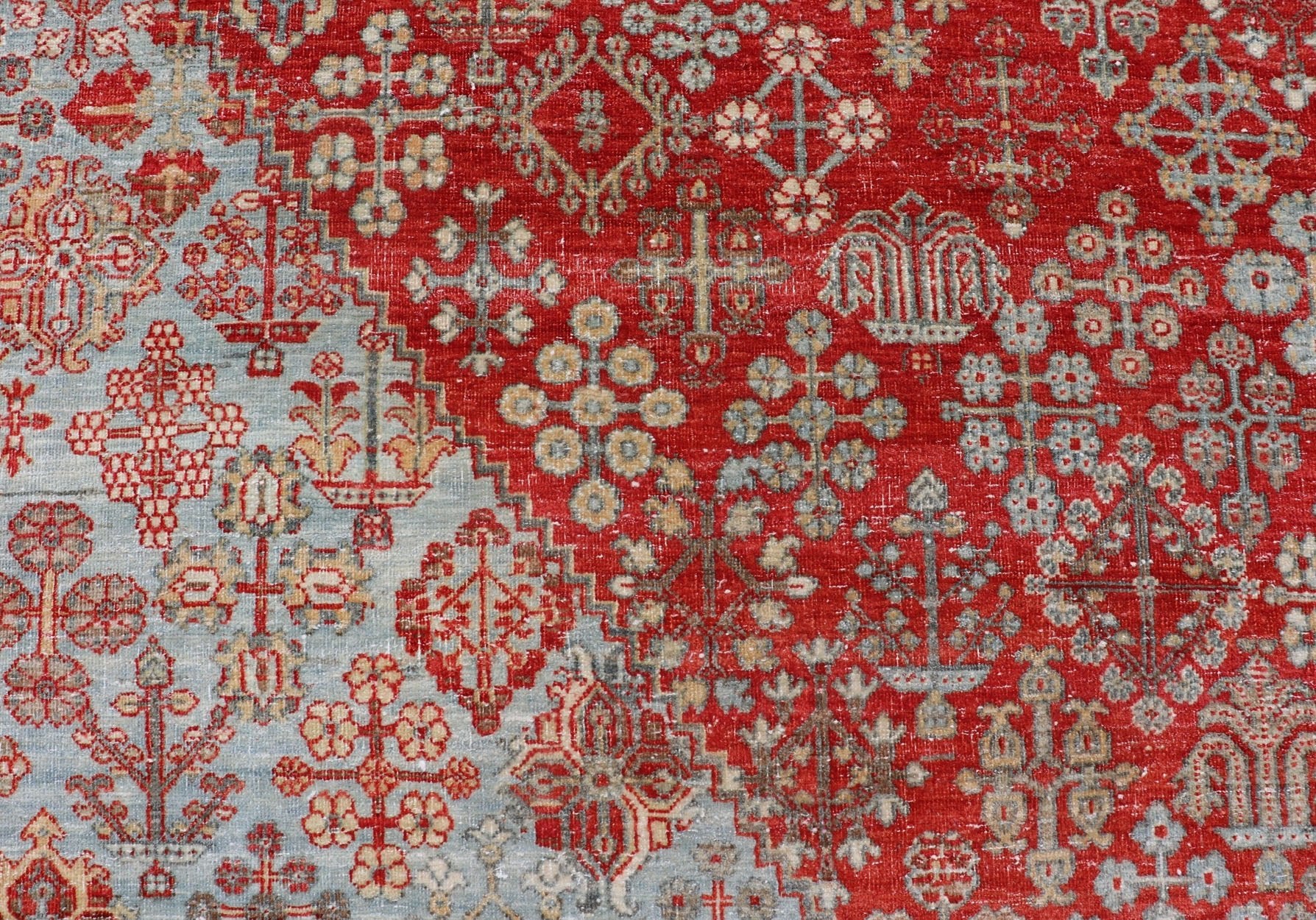 Antique Persian Joshegan Rug with Geometric Medallion Design in Red and Lt. Blue. Antique Persian Joshegan rug with geometric medallion design in red and light blue, rug EMB - 9613 - P13524, country of origin / type: Iran / Joshegan, circa 1930 ... - Keivan Woven ArtsEMB - 9613 - P13524 - 15941Rug