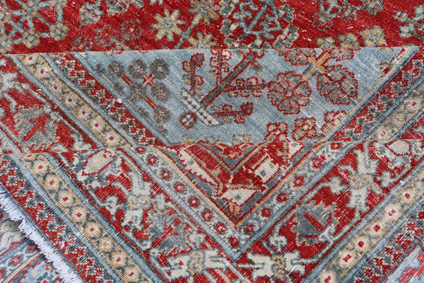 Antique Persian Joshegan Rug with Geometric Medallion Design in Red and Lt. Blue. Antique Persian Joshegan rug with geometric medallion design in red and light blue, rug EMB - 9613 - P13524, country of origin / type: Iran / Joshegan, circa 1930 ... - Keivan Woven ArtsEMB - 9613 - P13524 - 15941Rug