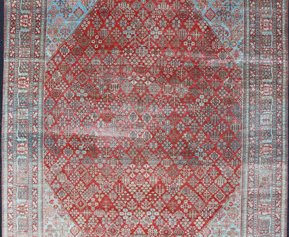 Antique Persian Joshegan Rug with Geometric Medallion Design in Red and Lt. Blue. Antique Persian Joshegan rug with geometric medallion design in red and light blue, rug EMB - 9613 - P13524, country of origin / type: Iran / Joshegan, circa 1930 ... - Keivan Woven ArtsEMB - 9613 - P13524 - 15941Rug