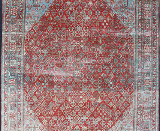 Antique Persian Joshegan Rug with Geometric Medallion Design in Red and Lt. Blue. Antique Persian Joshegan rug with geometric medallion design in red and light blue, rug EMB - 9613 - P13524, country of origin / type: Iran / Joshegan, circa 1930 ... - Keivan Woven ArtsEMB - 9613 - P13524 - 15941Rug