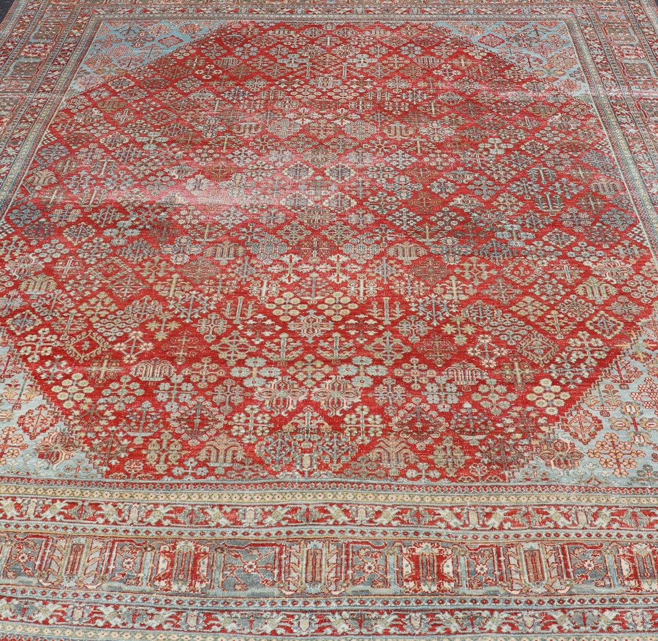 Antique Persian Joshegan Rug with Geometric Medallion Design in Red and Lt. Blue. Antique Persian Joshegan rug with geometric medallion design in red and light blue, rug EMB - 9613 - P13524, country of origin / type: Iran / Joshegan, circa 1930 ... - Keivan Woven ArtsEMB - 9613 - P13524 - 15941Rug