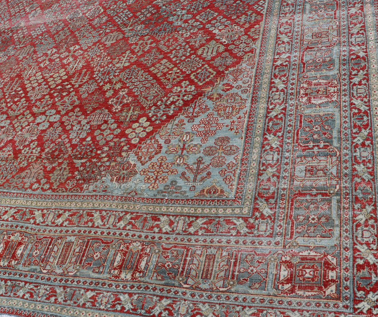 Antique Persian Joshegan Rug with Geometric Medallion Design in Red and Lt. Blue. Antique Persian Joshegan rug with geometric medallion design in red and light blue, rug EMB - 9613 - P13524, country of origin / type: Iran / Joshegan, circa 1930 ... - Keivan Woven ArtsEMB - 9613 - P13524 - 15941Rug