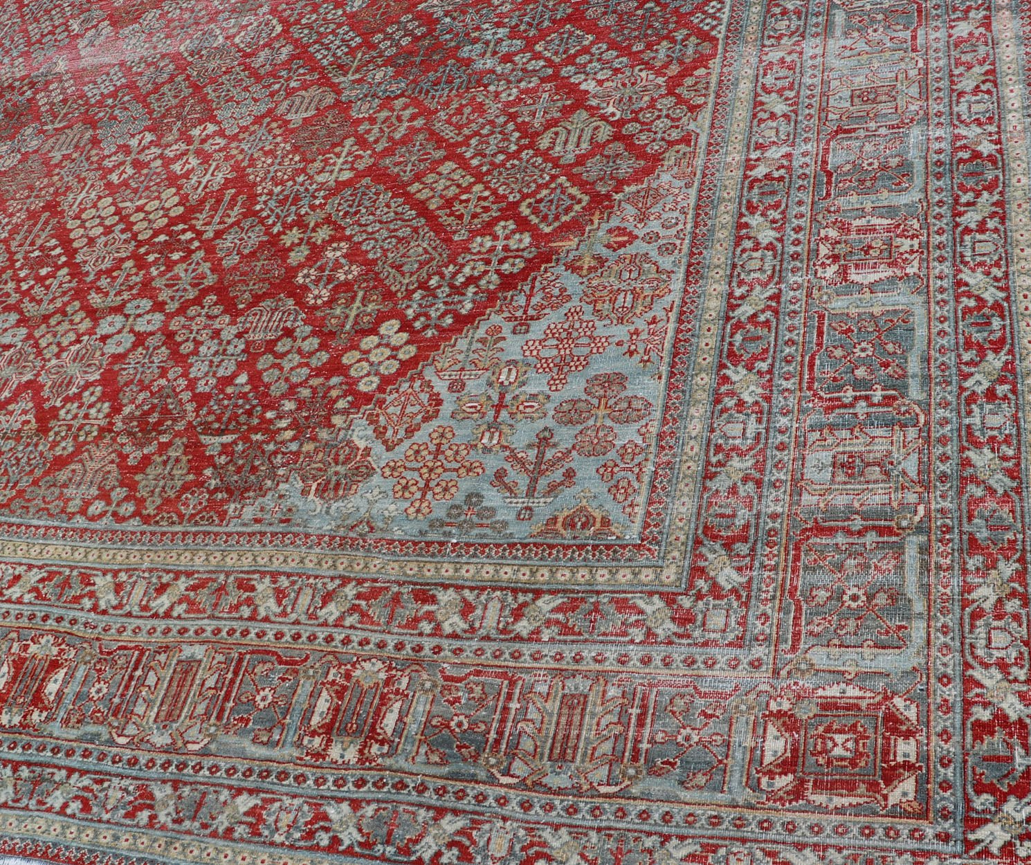 Antique Persian Joshegan Rug with Geometric Medallion Design in Red and Lt. Blue. Antique Persian Joshegan rug with geometric medallion design in red and light blue, rug EMB - 9613 - P13524, country of origin / type: Iran / Joshegan, circa 1930 ... - Keivan Woven ArtsEMB - 9613 - P13524 - 15941Rug