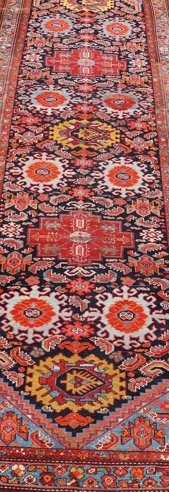 Measures: 3'3 x 10'8 Antique Persian Malayer Runner with Tribal Medallion Design in Jewel Tones. Keivan Woven Arts / rug EMB - 9618 - 13872, country of origin / type: Iran / Malayer circa 1920. - Keivan Woven ArtsEMB - 9618 - 13872 - 15953Rug