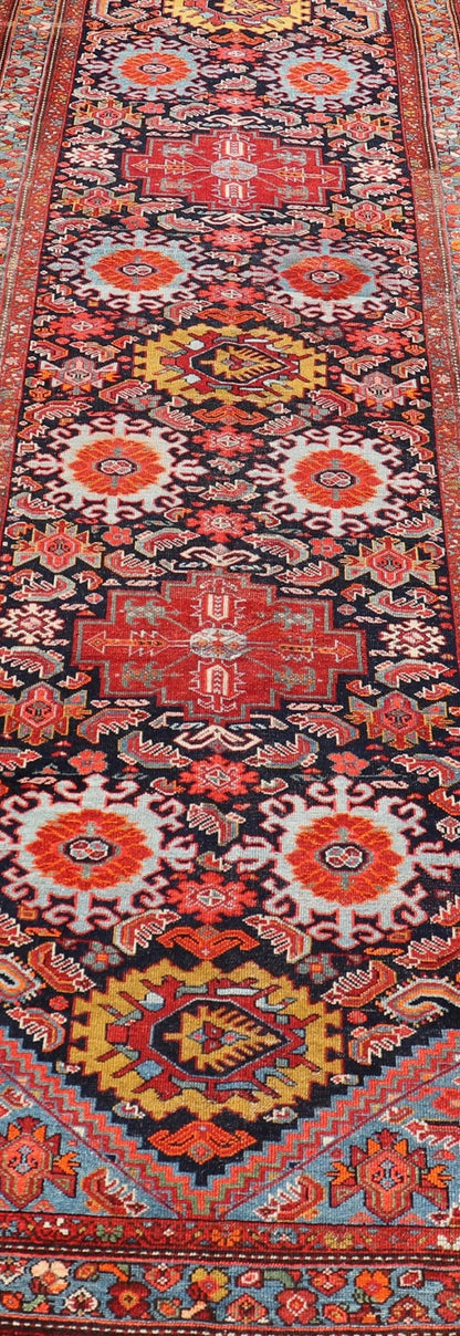 Measures: 3'3 x 10'8 Antique Persian Malayer Runner with Tribal Medallion Design in Jewel Tones. Keivan Woven Arts / rug EMB - 9618 - 13872, country of origin / type: Iran / Malayer circa 1920. - Keivan Woven ArtsEMB - 9618 - 13872 - 15953Rug