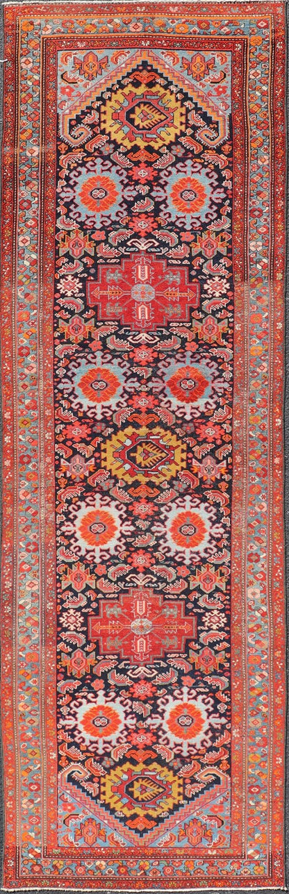 Measures: 3'3 x 10'8 Antique Persian Malayer Runner with Tribal Medallion Design in Jewel Tones. Keivan Woven Arts / rug EMB - 9618 - 13872, country of origin / type: Iran / Malayer circa 1920. - Keivan Woven ArtsEMB - 9618 - 13872 - 15953Rug
