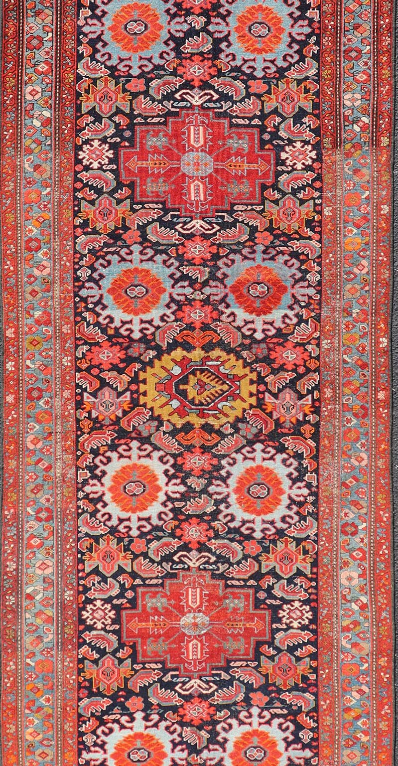 Measures: 3'3 x 10'8 Antique Persian Malayer Runner with Tribal Medallion Design in Jewel Tones. Keivan Woven Arts / rug EMB - 9618 - 13872, country of origin / type: Iran / Malayer circa 1920. - Keivan Woven ArtsEMB - 9618 - 13872 - 15953Rug