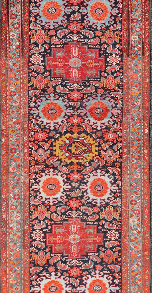 Measures: 3'3 x 10'8 Antique Persian Malayer Runner with Tribal Medallion Design in Jewel Tones. Keivan Woven Arts / rug EMB - 9618 - 13872, country of origin / type: Iran / Malayer circa 1920. - Keivan Woven ArtsEMB - 9618 - 13872 - 15953Rug