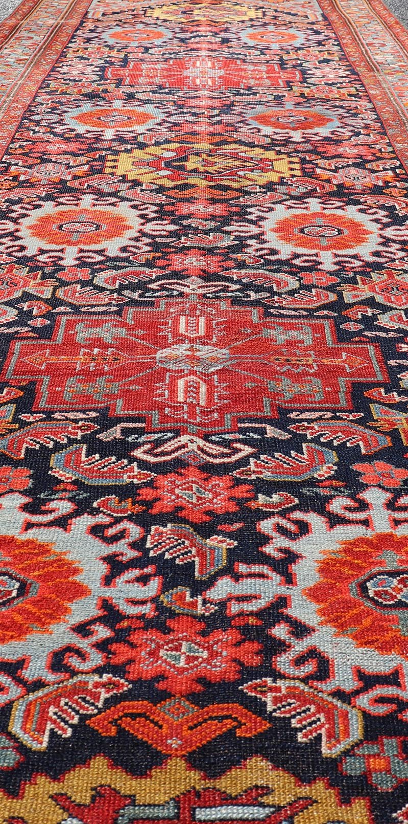 Measures: 3'3 x 10'8 Antique Persian Malayer Runner with Tribal Medallion Design in Jewel Tones. Keivan Woven Arts / rug EMB - 9618 - 13872, country of origin / type: Iran / Malayer circa 1920. - Keivan Woven ArtsEMB - 9618 - 13872 - 15953Rug