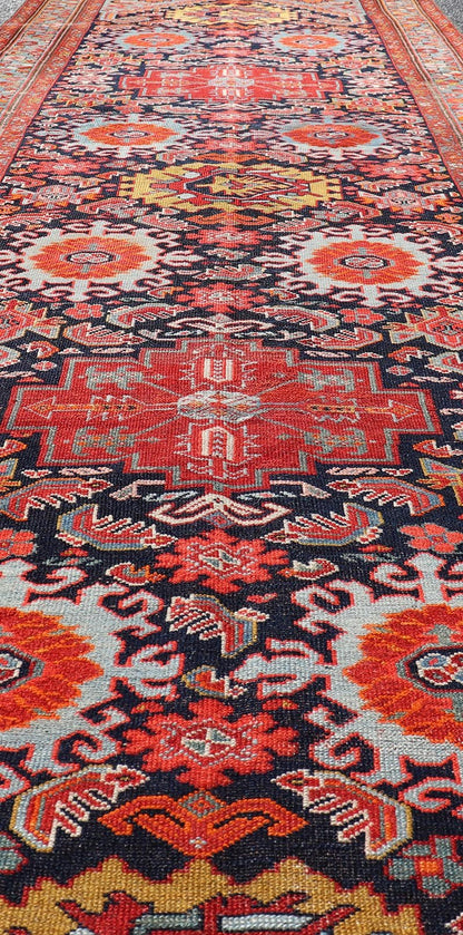 Measures: 3'3 x 10'8 Antique Persian Malayer Runner with Tribal Medallion Design in Jewel Tones. Keivan Woven Arts / rug EMB - 9618 - 13872, country of origin / type: Iran / Malayer circa 1920. - Keivan Woven ArtsEMB - 9618 - 13872 - 15953Rug