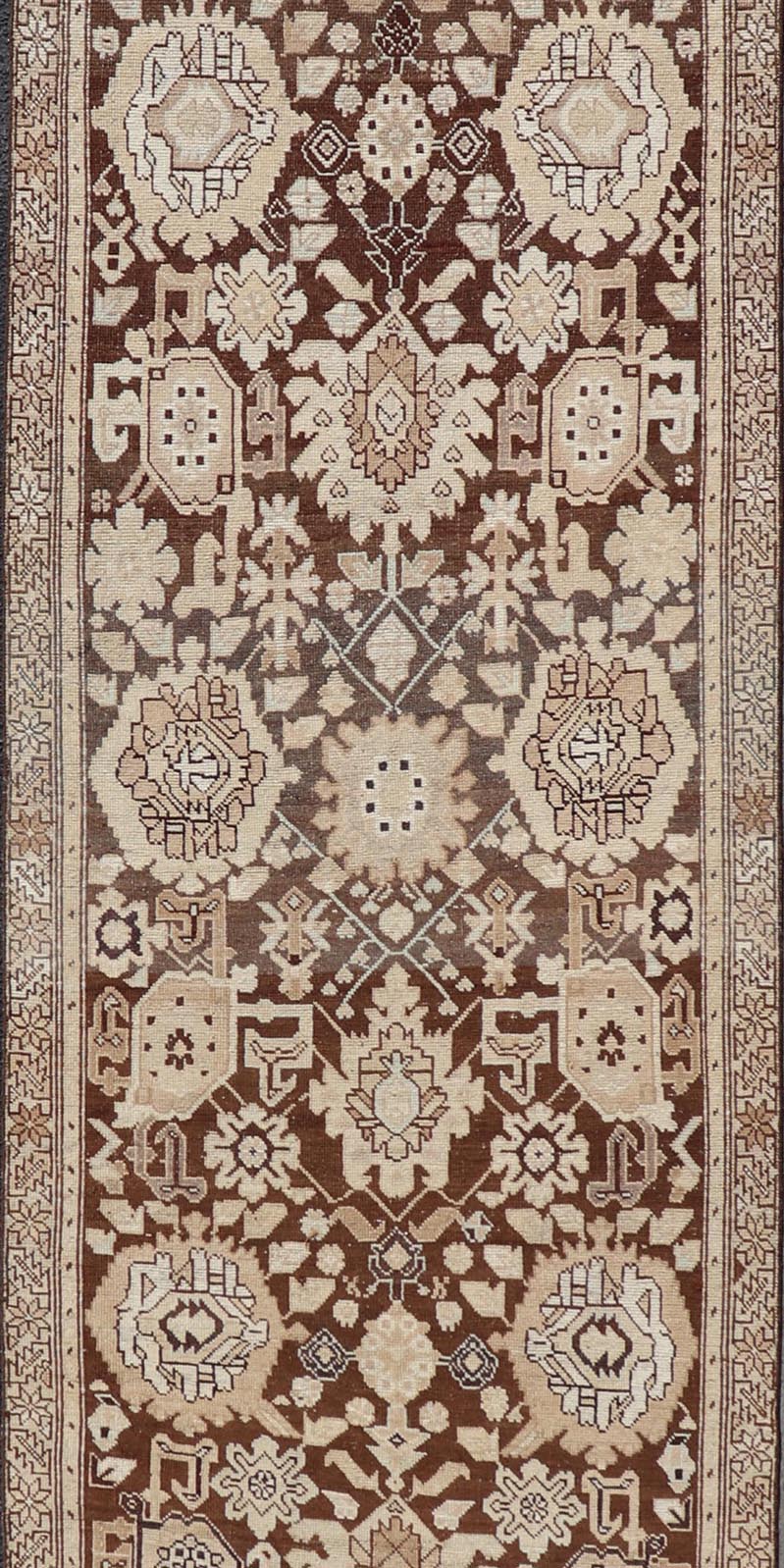 Antique Karabagh Runner with All - Over Floral Medallion Design in Brown and Tan Antique Karabagh in brown and tan colored antique Karabagh runner with floral design, Keivan Woven Arts / rug EMB - 9619 - P13569, country of origin / type: / Karabagh, ... - Keivan Woven ArtsEMB - 9619 - P13569 - 15959Rug