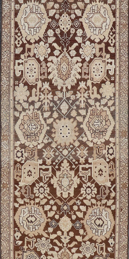Antique Karabagh Runner with All - Over Floral Medallion Design in Brown and Tan Antique Karabagh in brown and tan colored antique Karabagh runner with floral design, Keivan Woven Arts / rug EMB - 9619 - P13569, country of origin / type: / Karabagh, ... - Keivan Woven ArtsEMB - 9619 - P13569 - 15959Rug