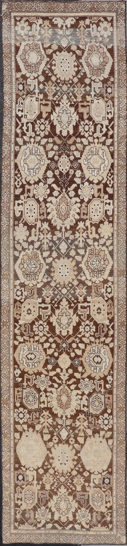 Antique Karabagh Runner with All - Over Floral Medallion Design in Brown and Tan Antique Karabagh in brown and tan colored antique Karabagh runner with floral design, Keivan Woven Arts / rug EMB - 9619 - P13569, country of origin / type: / Karabagh, ... - Keivan Woven ArtsEMB - 9619 - P13569 - 15959Rug