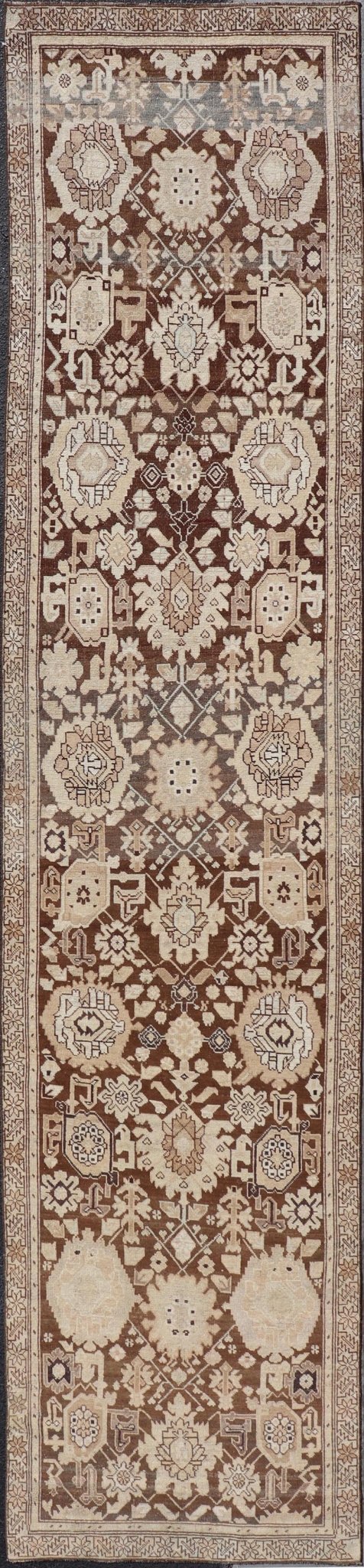 Antique Karabagh Runner with All - Over Floral Medallion Design in Brown and Tan Antique Karabagh in brown and tan colored antique Karabagh runner with floral design, Keivan Woven Arts / rug EMB - 9619 - P13569, country of origin / type: / Karabagh, ... - Keivan Woven ArtsEMB - 9619 - P13569 - 15959Rug