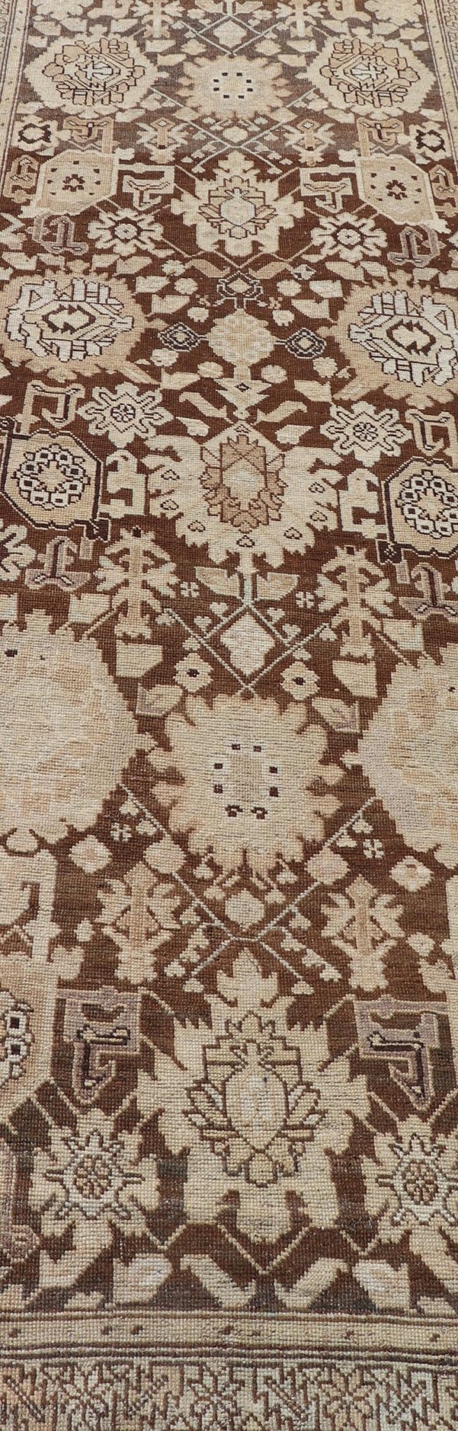 Antique Karabagh Runner with All - Over Floral Medallion Design in Brown and Tan Antique Karabagh in brown and tan colored antique Karabagh runner with floral design, Keivan Woven Arts / rug EMB - 9619 - P13569, country of origin / type: / Karabagh, ... - Keivan Woven ArtsEMB - 9619 - P13569 - 15959Rug