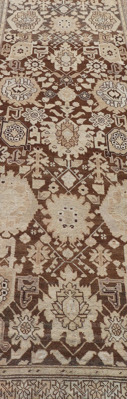 Antique Karabagh Runner with All - Over Floral Medallion Design in Brown and Tan Antique Karabagh in brown and tan colored antique Karabagh runner with floral design, Keivan Woven Arts / rug EMB - 9619 - P13569, country of origin / type: / Karabagh, ... - Keivan Woven ArtsEMB - 9619 - P13569 - 15959Rug