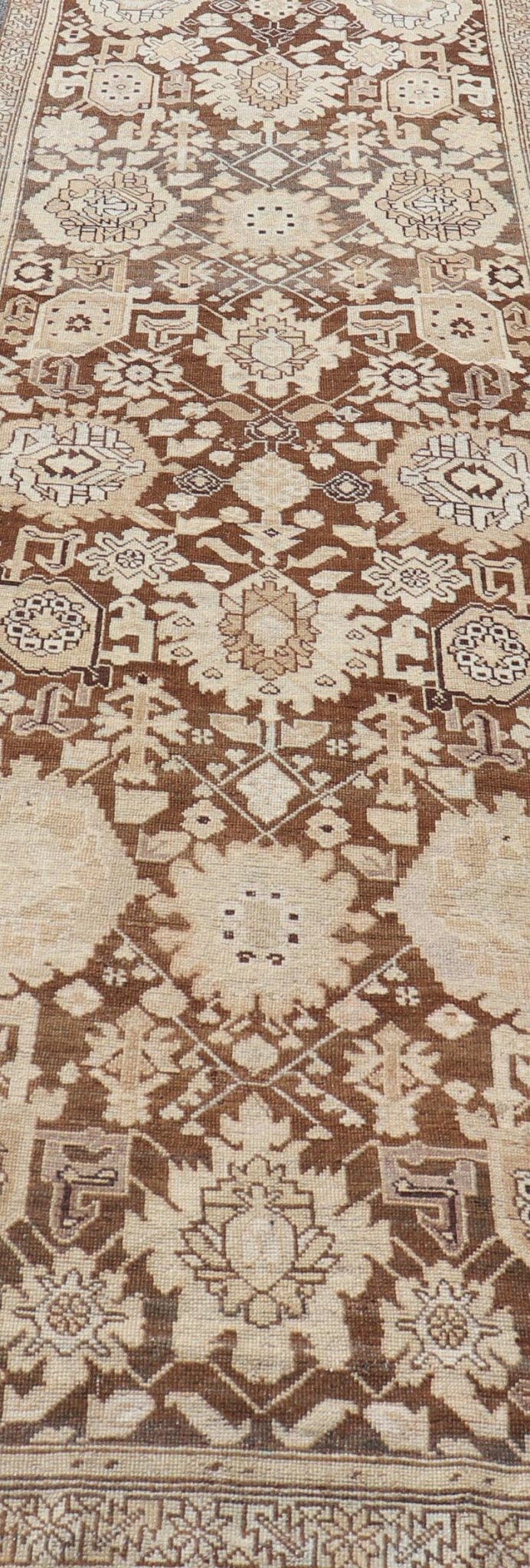 Antique Karabagh Runner with All - Over Floral Medallion Design in Brown and Tan Antique Karabagh in brown and tan colored antique Karabagh runner with floral design, Keivan Woven Arts / rug EMB - 9619 - P13569, country of origin / type: / Karabagh, ... - Keivan Woven ArtsEMB - 9619 - P13569 - 15959Rug