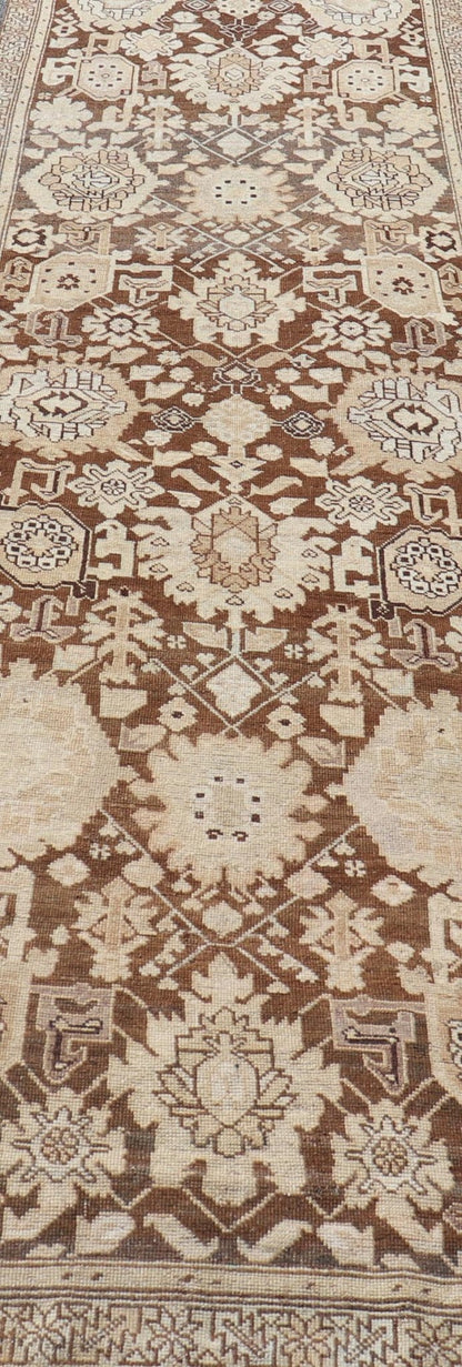 Antique Karabagh Runner with All - Over Floral Medallion Design in Brown and Tan Antique Karabagh in brown and tan colored antique Karabagh runner with floral design, Keivan Woven Arts / rug EMB - 9619 - P13569, country of origin / type: / Karabagh, ... - Keivan Woven ArtsEMB - 9619 - P13569 - 15959Rug