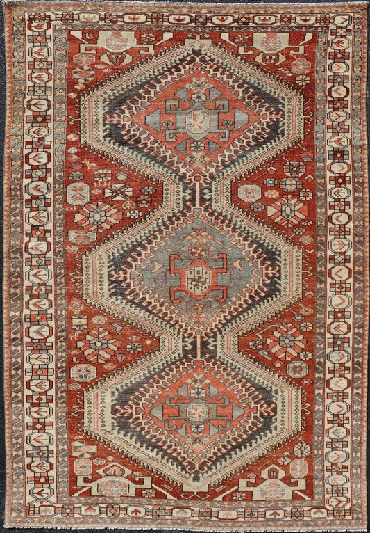 Antique Persian Tribal Bakhtiari Rug with Geometric Design Antique Tribal Bakhtiari Rug, rug EMB - 9620 - P13523, country of origin / type: Persian / Bakhtiari, circa Early - 20th Century. Measures: 5'2 x 8'3. - Keivan Woven ArtsEMB - 9620 - P13523 - 15965Rug