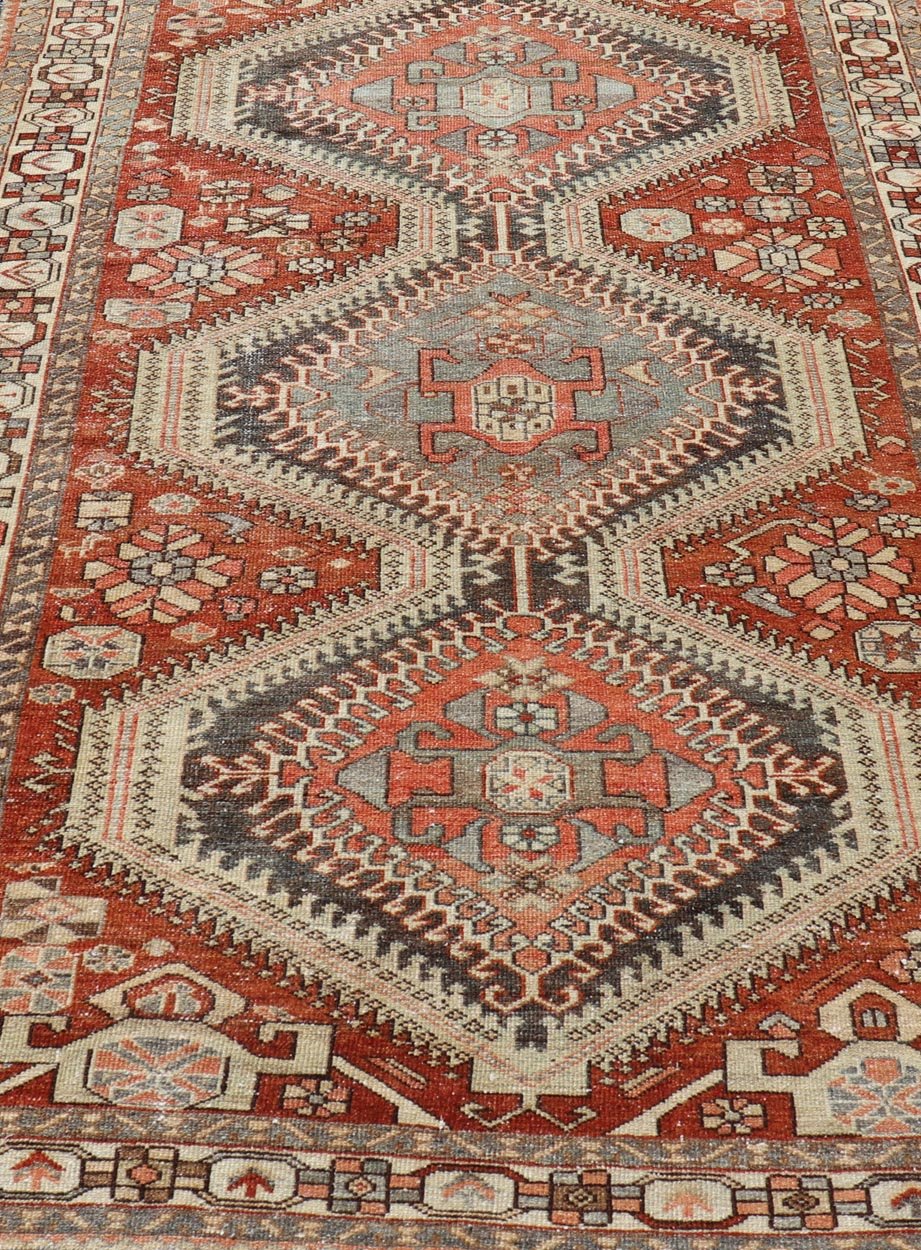 Antique Persian Tribal Bakhtiari Rug with Geometric Design Antique Tribal Bakhtiari Rug, rug EMB - 9620 - P13523, country of origin / type: Persian / Bakhtiari, circa Early - 20th Century. Measures: 5'2 x 8'3. - Keivan Woven ArtsEMB - 9620 - P13523 - 15965Rug