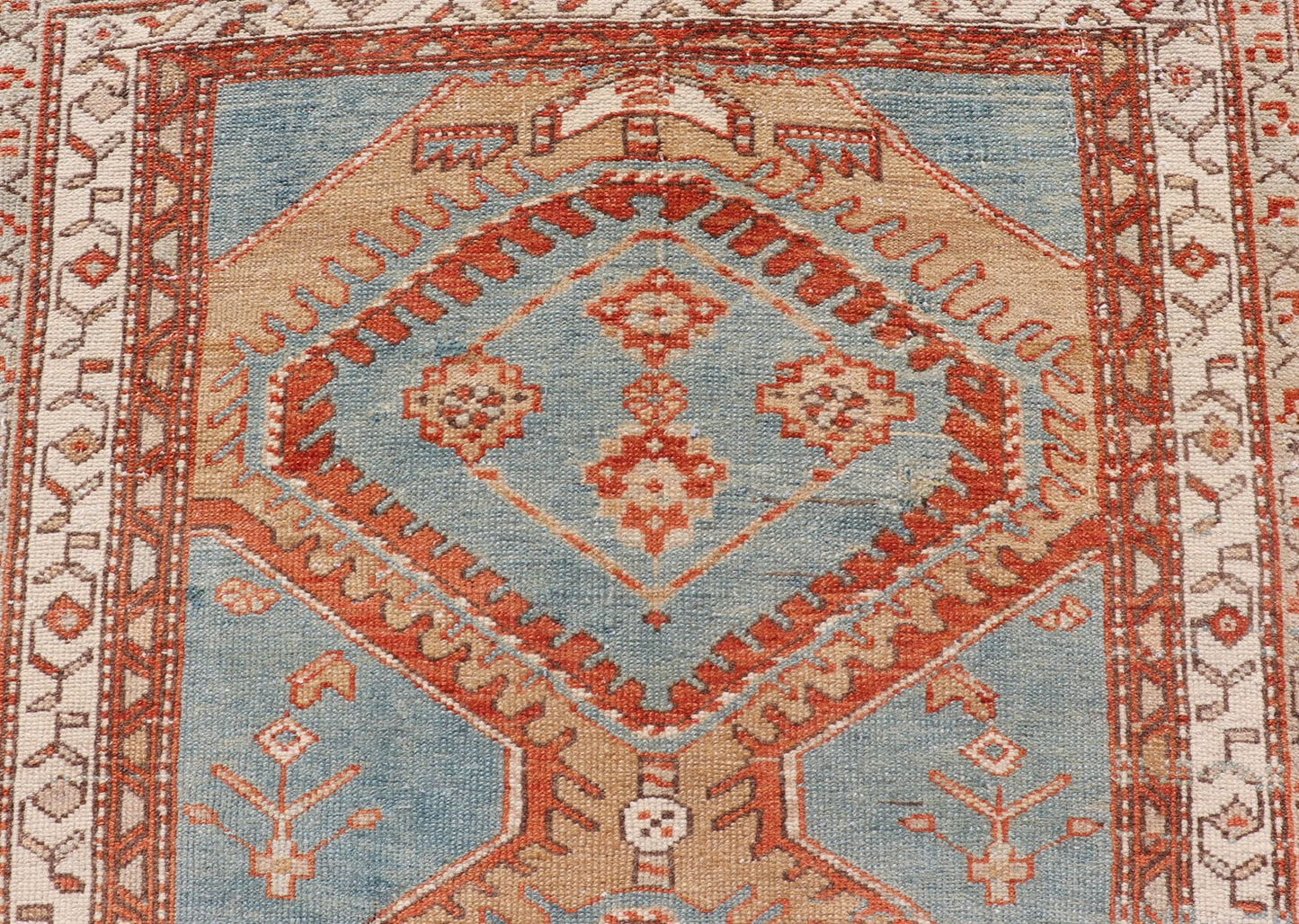 Hand - Knotted Antique Persian Karajeh Runner with Sub - Geometric Tribal Medallions This antique Persian Karajeh runner features a tribal sub - geometric triple medallion design rendered in multicolor, set upon a blue background. A complementary, mu... - Keivan Woven ArtsEMB - 9625 - P13570 - 15989Rug