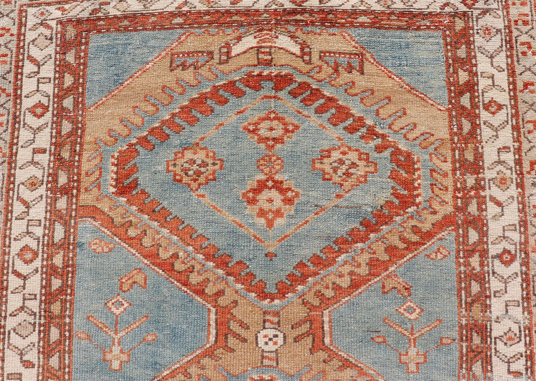 Hand - Knotted Antique Persian Karajeh Runner with Sub - Geometric Tribal Medallions This antique Persian Karajeh runner features a tribal sub - geometric triple medallion design rendered in multicolor, set upon a blue background. A complementary, mu... - Keivan Woven ArtsEMB - 9625 - P13570 - 15989Rug