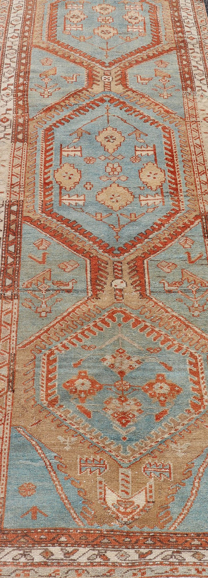 Hand - Knotted Antique Persian Karajeh Runner with Sub - Geometric Tribal Medallions This antique Persian Karajeh runner features a tribal sub - geometric triple medallion design rendered in multicolor, set upon a blue background. A complementary, mu... - Keivan Woven ArtsEMB - 9625 - P13570 - 15989Rug