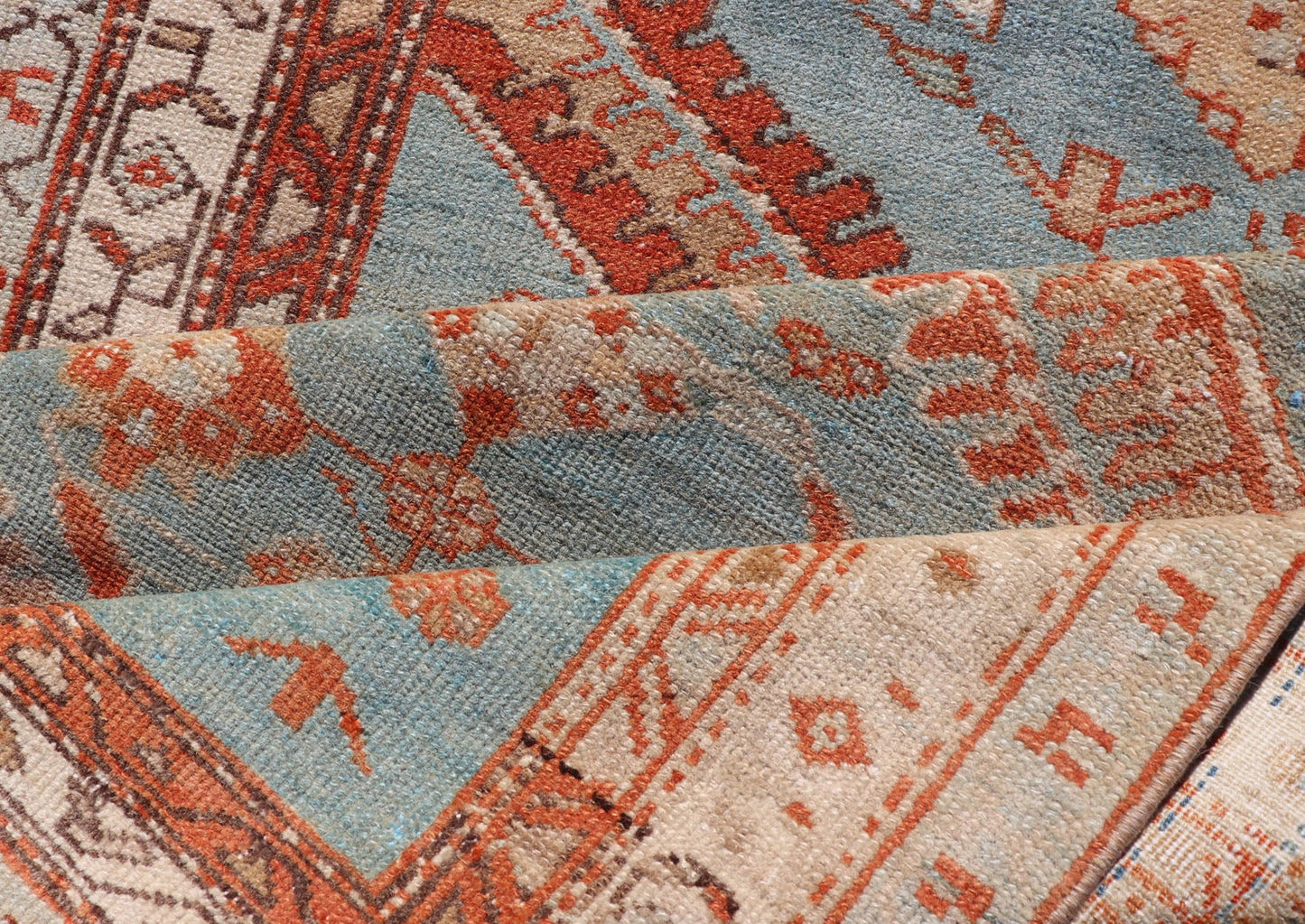 Hand - Knotted Antique Persian Karajeh Runner with Sub - Geometric Tribal Medallions This antique Persian Karajeh runner features a tribal sub - geometric triple medallion design rendered in multicolor, set upon a blue background. A complementary, mu... - Keivan Woven ArtsEMB - 9625 - P13570 - 15989Rug