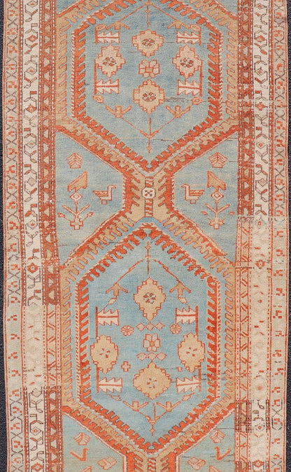 Hand - Knotted Antique Persian Karajeh Runner with Sub - Geometric Tribal Medallions This antique Persian Karajeh runner features a tribal sub - geometric triple medallion design rendered in multicolor, set upon a blue background. A complementary, mu... - Keivan Woven ArtsEMB - 9625 - P13570 - 15989Rug