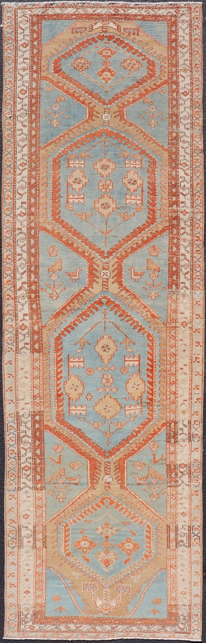Hand - Knotted Antique Persian Karajeh Runner with Sub - Geometric Tribal Medallions This antique Persian Karajeh runner features a tribal sub - geometric triple medallion design rendered in multicolor, set upon a blue background. A complementary, mu... - Keivan Woven ArtsEMB - 9625 - P13570 - 15989Rug