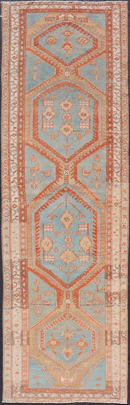 Hand - Knotted Antique Persian Karajeh Runner with Sub - Geometric Tribal Medallions This antique Persian Karajeh runner features a tribal sub - geometric triple medallion design rendered in multicolor, set upon a blue background. A complementary, mu... - Keivan Woven ArtsEMB - 9625 - P13570 - 15989Rug