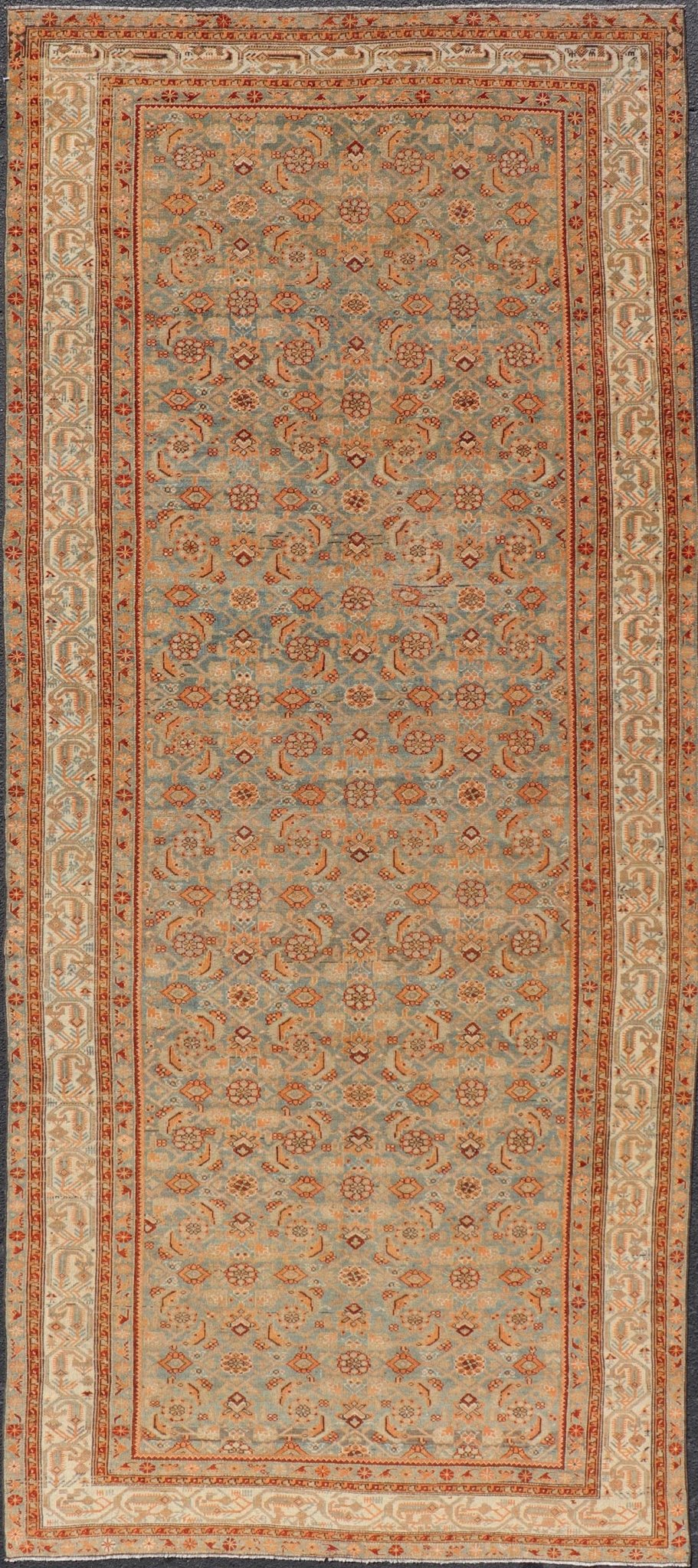 Antique Kurdish Gallery Rug With All - Over Geometric Design Measures: 5'8 x 14'0 This antique Persian Kurdish gallery rug is filled with eccentric colors and details. The multi - tiered border features nature motifs rendered in the same col... - Keivan Woven ArtsEMB - 9626 - P13879 - 15995