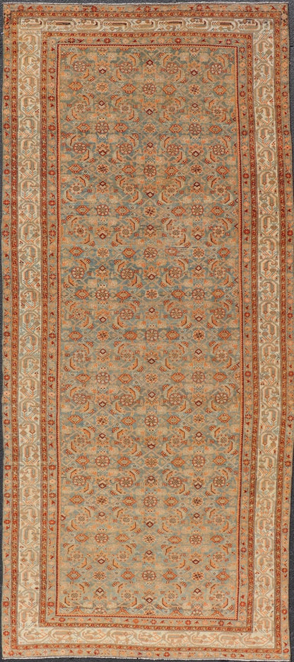 Antique Kurdish Gallery Rug With All - Over Geometric Design Measures: 5'8 x 14'0 This antique Persian Kurdish gallery rug is filled with eccentric colors and details. The multi - tiered border features nature motifs rendered in the same col... - Keivan Woven ArtsEMB - 9626 - P13879 - 15995Rug