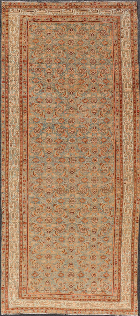 Antique Kurdish Gallery Rug With All - Over Geometric Design Measures: 5'8 x 14'0 This antique Persian Kurdish gallery rug is filled with eccentric colors and details. The multi - tiered border features nature motifs rendered in the same col... - Keivan Woven ArtsEMB - 9626 - P13879 - 15995Rug